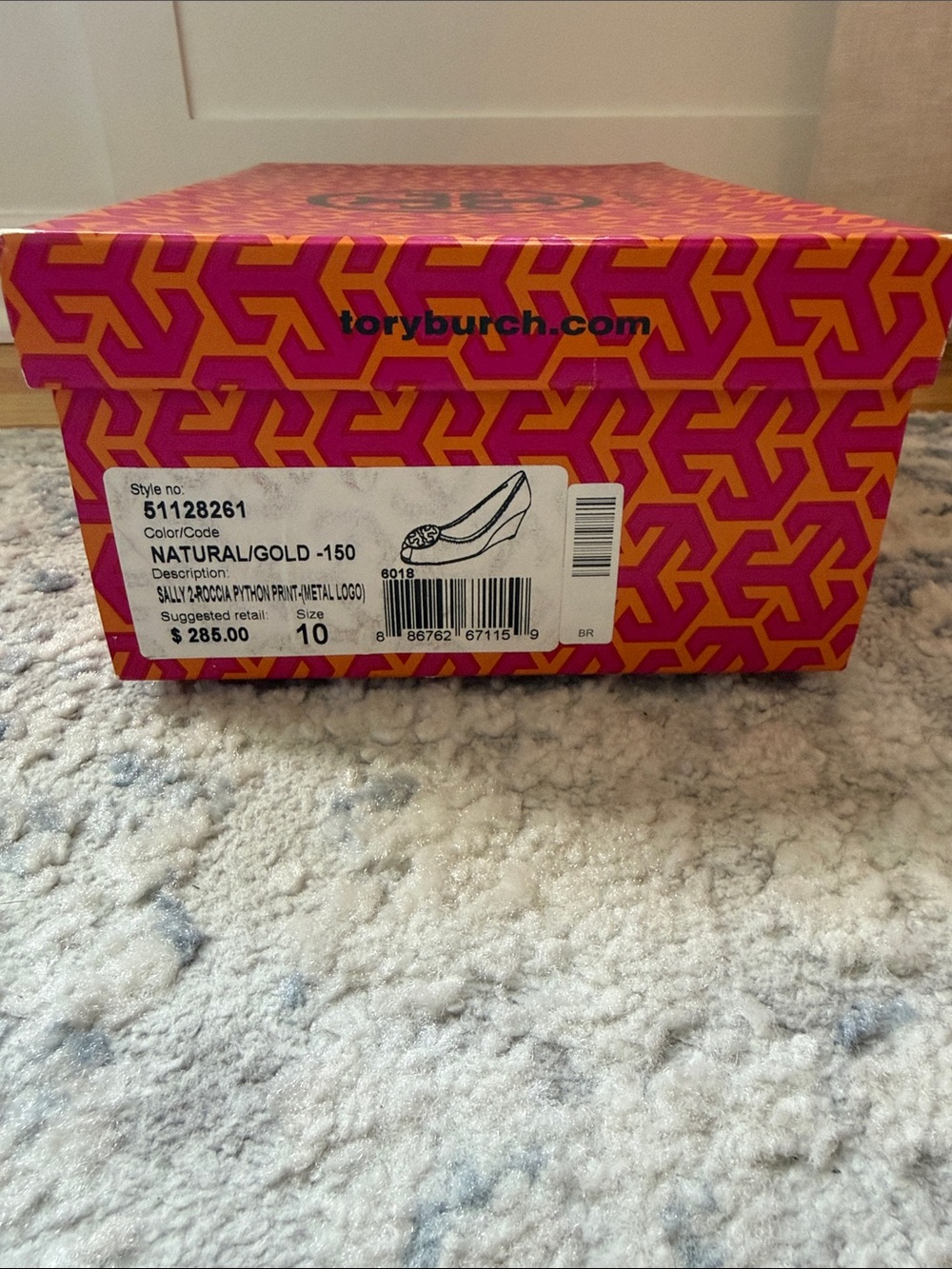 Tory Burch Natural Snake-Print Wedge Peep-Toe with Gold Logo - Picture 2 of 7